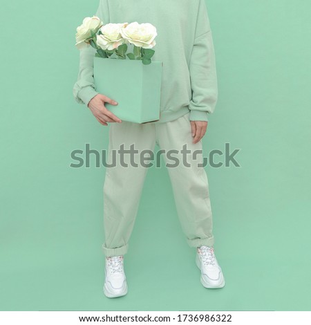 Fashion Mint casual outfit. Minimal aesthetic monochrome design. Aqua menthe color trend Royalty-Free Stock Photo #1736986322