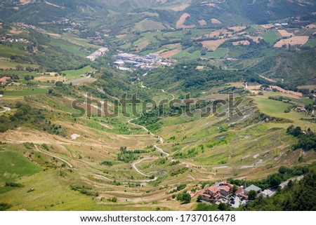 Panoramic view of villages and rural area around San Marino City, Republic of San Marino
