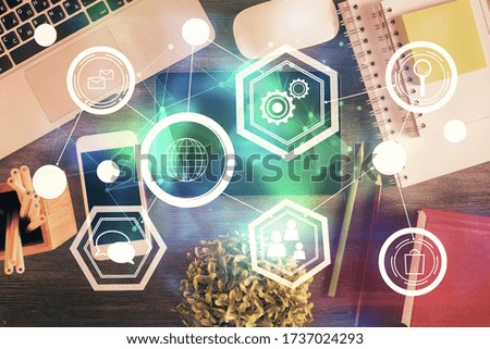 Double exposure of social network theme drawing over table with phone. Top view. People connecting concept.