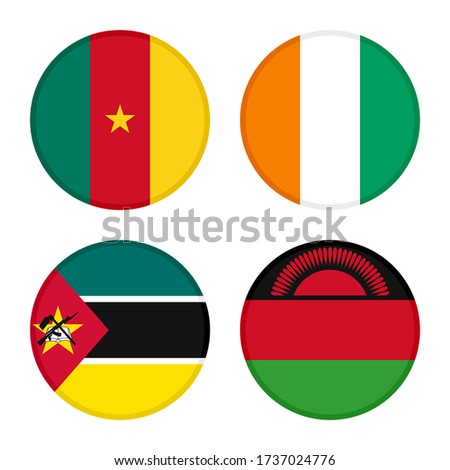 set of round icons flags. cameroon, ivory coast, mozambique and malawi flags. isolated on white background Royalty-Free Stock Photo #1737024776