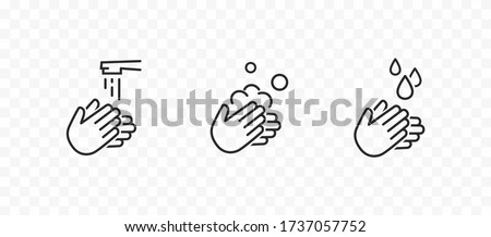 Icon set of disease prevention protect. Vector sanitizer, antiseptic, antibacterial symbols. Healthcare wash hands with rinse water, tap, soap safety icons. Royalty-Free Stock Photo #1737057752