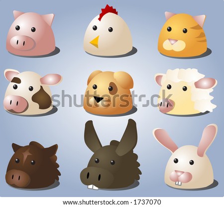 Cartoon illustrations of farm animals and pets: pig, chicken, cat, cow, dog, sheep, horse, donkey, bunny. Vector isometric heads