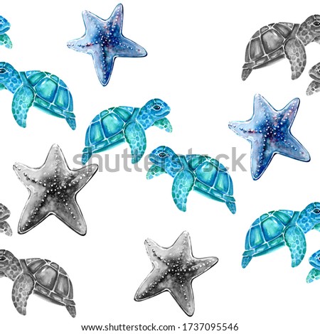 Aquarelle painting of turtle starfish sketch art pattern illustration