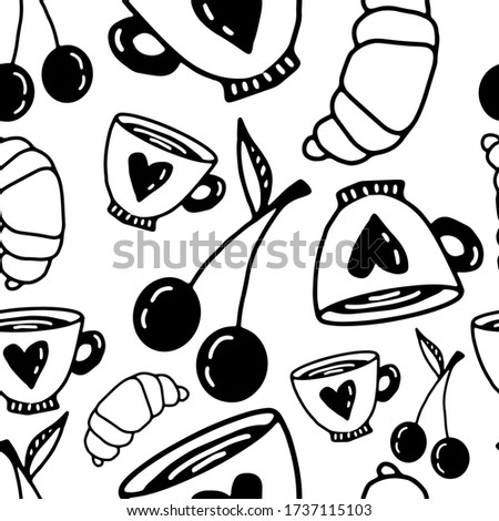 Cherry, cup, croissant seamless pattern in doodle style on isolated white background. Print food hand drawn. Stock vector illustration.