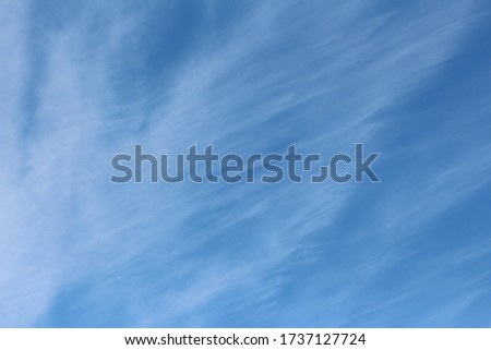 Photo of gentle cirrus white clouds against a blue bright sky.