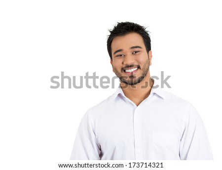 Closeup portrait of handsome, smiling, successful young business man, student, worker, employee, isolated on white background. Positive human emotions facial expressions, feelings, attitude perception