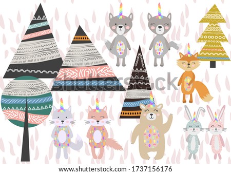 Cute Scandinavian Style Animals and Design Elements. A set of animals in the Scandinavian style: bear, fox, rabbits, cats, wolves. Trees and mountains.