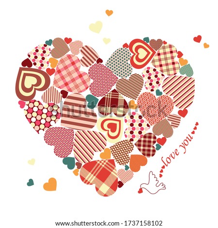 Raster illustration of cute cartoon patterned heart with contour dove and lettering love you isolated on empty white background, useful element for your design, card for Valentine's Day