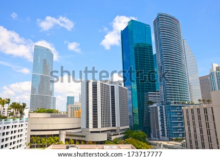 City of Miami, Florida cityscape of downtown  business and residential buildings on a beautiful summer day 