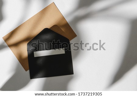 Paper envelope on white background with leaf shadow, top view