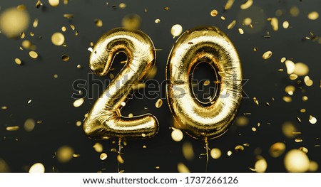 20 years old. Gold balloons number 20th anniversary, happy birthday congratulations, with falling confetti Royalty-Free Stock Photo #1737266126