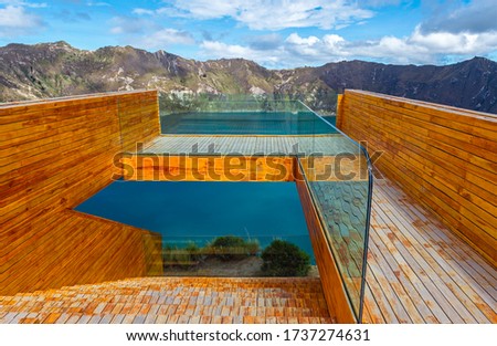 Shalala viewpoint by the Quilotoa Lake with a modern wood and glass construction, south of Quito, Ecuador.