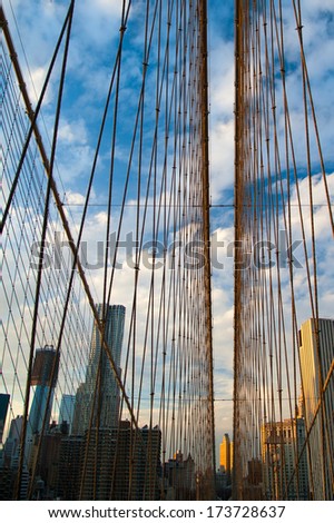 Suspension bridge with skyscrapers in the background, Brooklyn Bridge, Brooklyn, New York City, New York State, USA