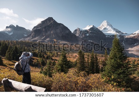 Man traveler taking photo with mount Assiniboine in autumn forest at provincial park, BC, Canada