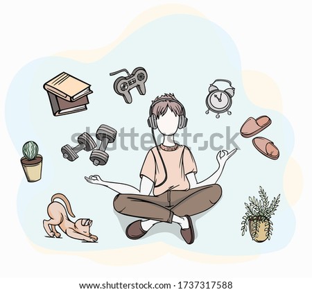 Guy Sitting In Lotus Position Crossing Legs And Meditating Quarantine Stay At Home Doodle Style Vector Illustration Be Calm Banner Poster For Web