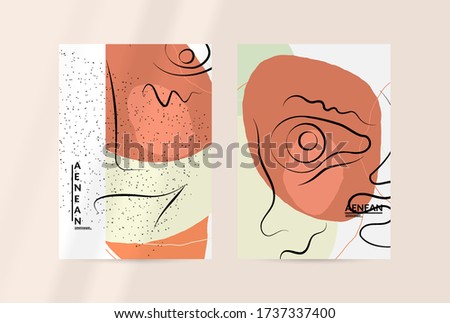 Contemporary continuous one line free hand drawing. Logo portrait in modern abstract graphic style with simple colorful organic pastel shapes and lines. Flyer mock up with shadow overlay.