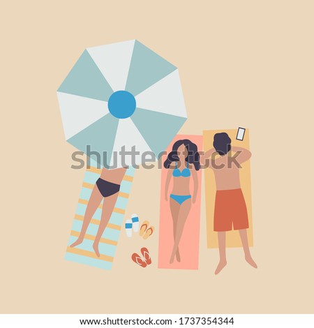 illustration of woman and man on the beach. People sunbathe in the sun. Vacation at sea. View from above. Colorful flat vector drawing.