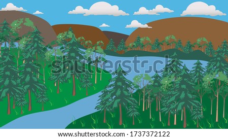 Illustration of a river, trees, mountains. Vector image, eps 10