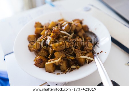 Home cook “Char Koay Kaka” Fried rice cake in square shape on a white plate Royalty-Free Stock Photo #1737421019