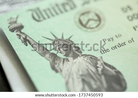 Extreme close-up of Federal coronavirus stimulus check provided to all Americans from the United States Treasury in 2020 and 2021, showing the statue of liberty.  Royalty-Free Stock Photo #1737450593