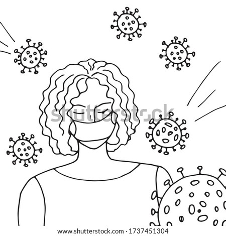 The woman sadly lowered her eyes in connection with the pandemic. She is wearing a protective mask. The space around it is filled with bacteria of the virus. Vector doodle style doodle.