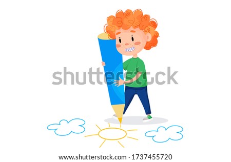 Kids characters are drawing on white walls. Children international day. Summer children activities. Vector illustrations.