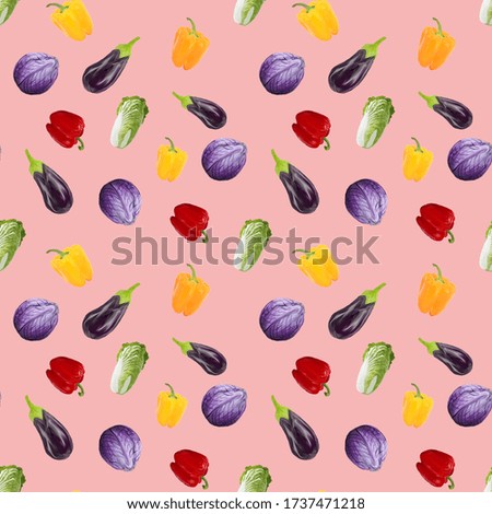 Seamless pattern veganism eggplant, peppers, cabbage on pink background. Gouache hand drawn illustration. Fresh food. Design for textiles, packaging, fabrics, menus, restaurants, cafes.