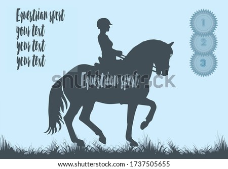 girl riding a horse, dressage, premium rosettes, equestrian sport, isolated dark silhouette on a blue background, place for your text, banner, postcard