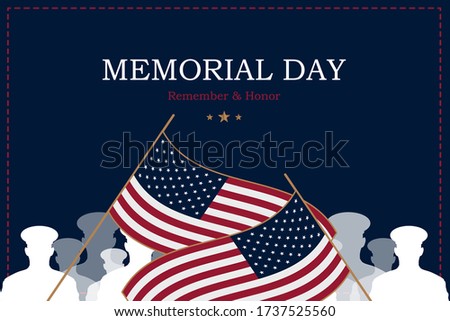 Happy Memorial Day. Greeting card with USA flag and silhouette soldiers on background. National American holiday event. Flat vector illustration EPS10