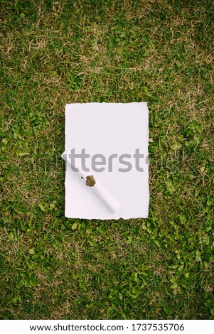 Empty white sheet on the grass. Wedding invitation or vows of the bride and groom.