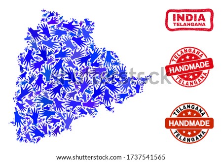 Vector handmade collage of Telangana State map and textured seals. Mosaic Telangana State map is done of randomized blue hands. Rounded and wry red seals with unclean rubber texture.