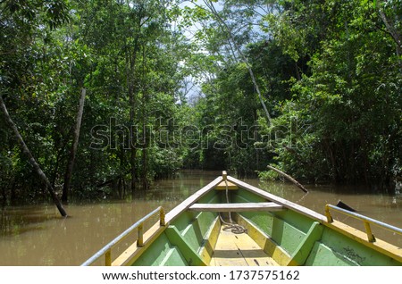 Boat on the amazon river, rainforest adventure, inside the jungle, canoe drive, dense amazonian jungle Royalty-Free Stock Photo #1737575162