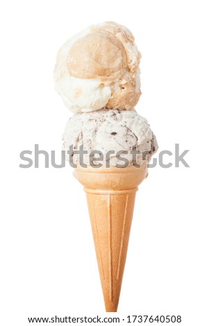 Cornet served with two scoops of ice cream; photo on white background