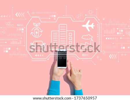 Smart city concept with person using a white smartphone