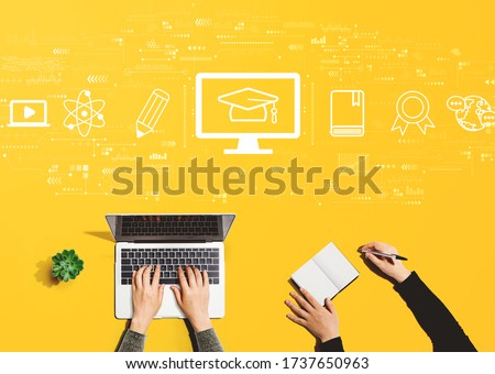 E-learning concept with people working together with laptop and notebook