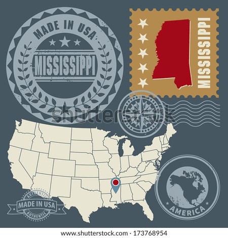Abstract post stamps set with name and map of Mississippi, USA, vector illustration