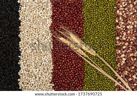 Collection of different cereals, grains, rice and beans backgrounds.