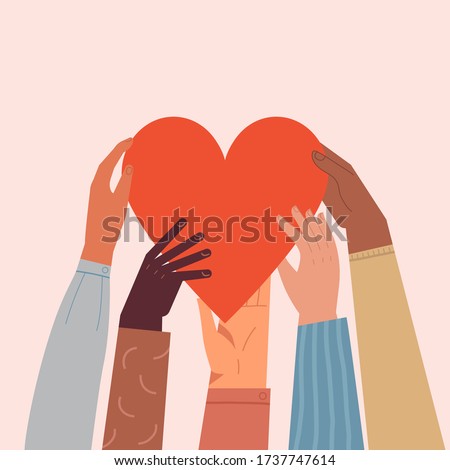 Heart holding by diverse hands. Vector illustration concept for sharing love, helping others, charity supported by global community