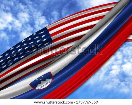 flag of America with Slovenia flag on sky background