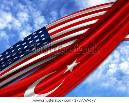 flag of America with Turkey flag on sky background