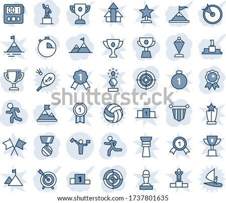 Blue tint and shade editable vector line icon set - dispatcher vector, pedestal, pennant, medal, run, stopwatch, target, motivation, award cup, attainment, winner, win, gold, pawn, arrows up