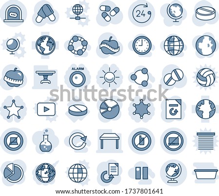 Blue tint and shade editable vector line icon set - no laptop vector, ticket office, globe, 24 hours, mobile sign, computer, document reload, pills, diet, pill, earth, pie graph, table, social, time