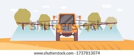 Irrigation tractor or fertiliser spreader machine in crop field spraying water or fertilizer on soil. Yellow agriculture mechinery from front view, flat vector illustration. Royalty-Free Stock Photo #1737813074