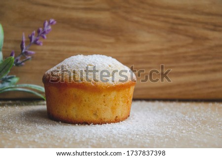 Close up picture of muffin cake with white powder on the top located on wooden background with small violet flower on the side as homemade bakery concept with copy space flat lay place for text 