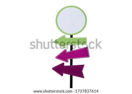 One round plastic white with a green edge blank sign and three plastic directional arrows green pink and purple isolated on white background. Close up, mockup