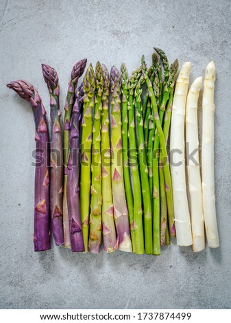 Green, white and purple asparagus on grey stone baclground Royalty-Free Stock Photo #1737874499