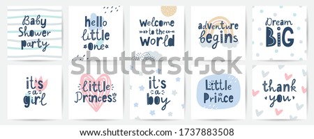 set of vector cards for baby shower party, hand lettering in scandinavian style Royalty-Free Stock Photo #1737883508