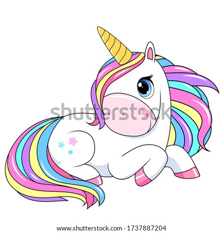 Cute unicorn with rainbow hair. Vector cartoon illustration