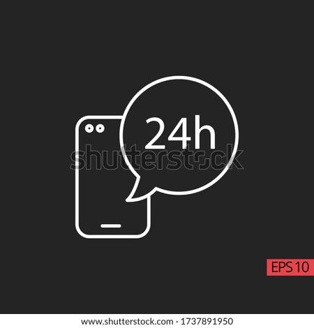 Icon call center 24 hours with mobile phone line, outline vector sign, linear style pictogram isolated on black. Sign or symbol.