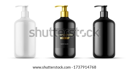 Plastic bottle set with dispenser pump  for liquid soap , gel, lotion, cream, shampoo, bath foam and other cosmetics. Blank product packaging mockup template design for ads Royalty-Free Stock Photo #1737914768